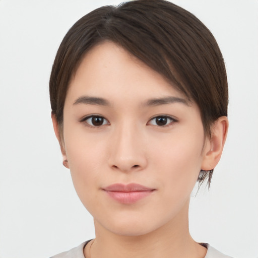 Neutral asian young-adult female with short  brown hair and brown eyes