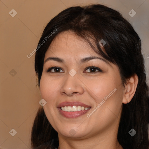 Joyful white young-adult female with medium  brown hair and brown eyes