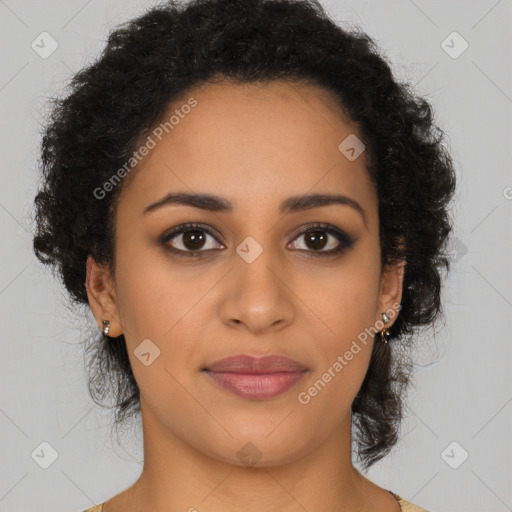 Joyful latino young-adult female with long  brown hair and brown eyes