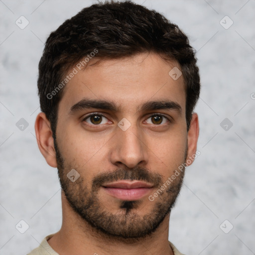 Neutral white young-adult male with short  brown hair and brown eyes