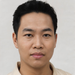 Neutral asian young-adult male with short  black hair and brown eyes