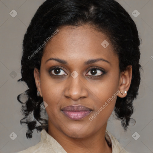 Joyful black young-adult female with medium  brown hair and brown eyes