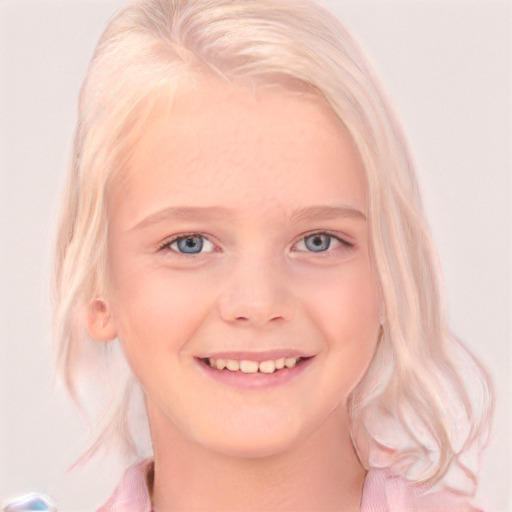 Joyful white child female with medium  blond hair and blue eyes