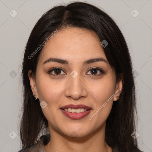 Joyful white young-adult female with long  brown hair and brown eyes