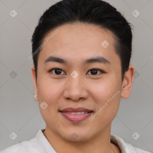 Joyful asian young-adult male with short  brown hair and brown eyes