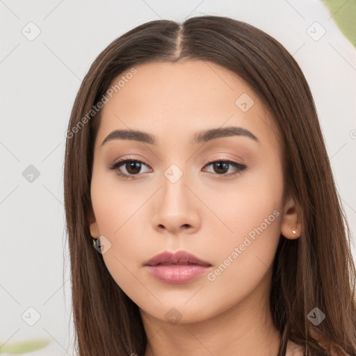 Neutral asian young-adult female with long  brown hair and brown eyes