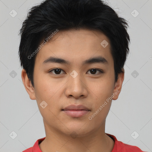 Neutral asian young-adult male with short  black hair and brown eyes