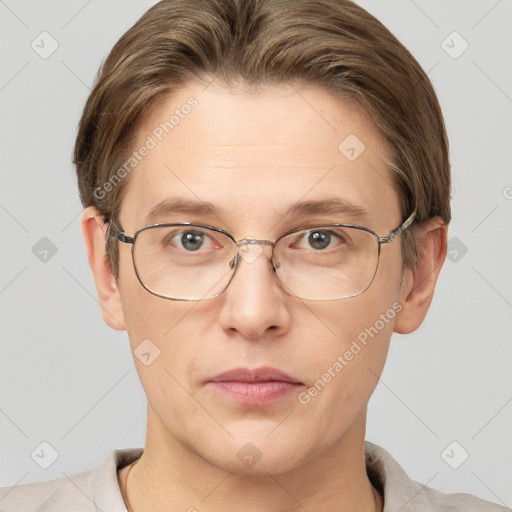 Joyful white adult male with short  brown hair and grey eyes