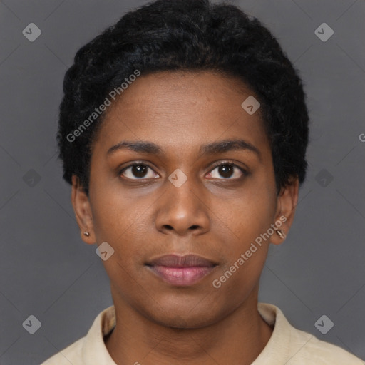 Neutral black young-adult female with short  black hair and brown eyes