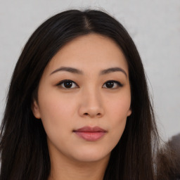 Neutral asian young-adult female with long  brown hair and brown eyes