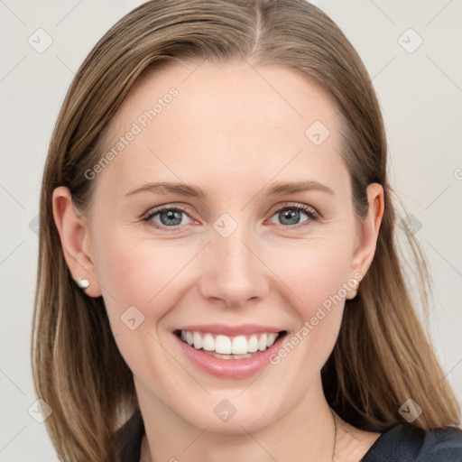 Joyful white young-adult female with medium  brown hair and blue eyes