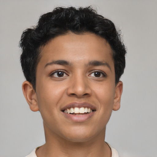 Joyful latino young-adult male with short  brown hair and brown eyes