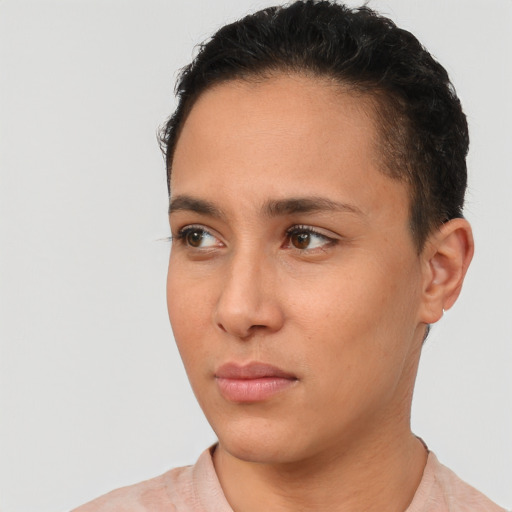 Neutral white young-adult female with short  brown hair and brown eyes