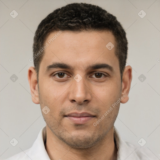 Neutral white young-adult male with short  brown hair and brown eyes