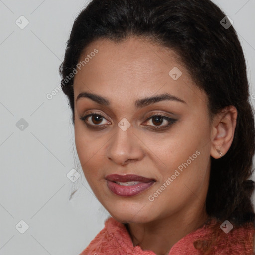 Joyful white young-adult female with medium  brown hair and brown eyes