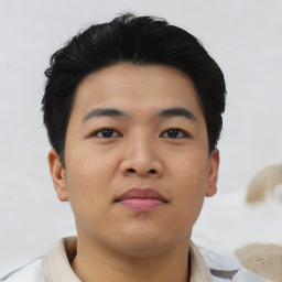 Neutral asian young-adult male with short  black hair and brown eyes