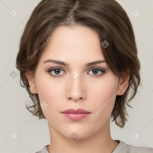 Neutral white young-adult female with medium  brown hair and brown eyes