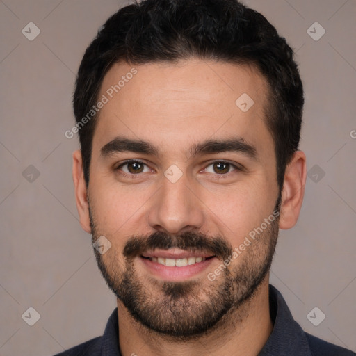 Joyful white young-adult male with short  black hair and brown eyes