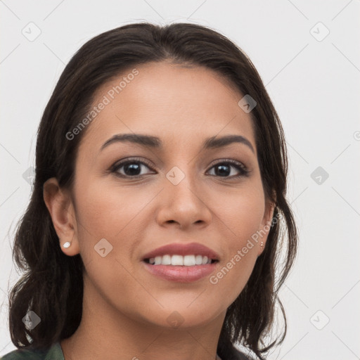 Joyful white young-adult female with long  brown hair and grey eyes