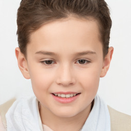 Joyful white child female with short  brown hair and brown eyes