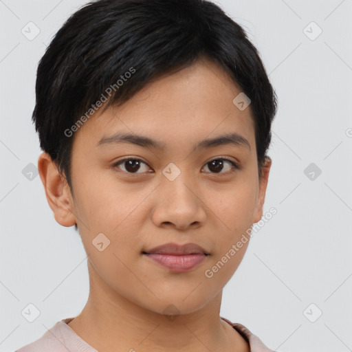 Joyful asian young-adult female with short  brown hair and brown eyes