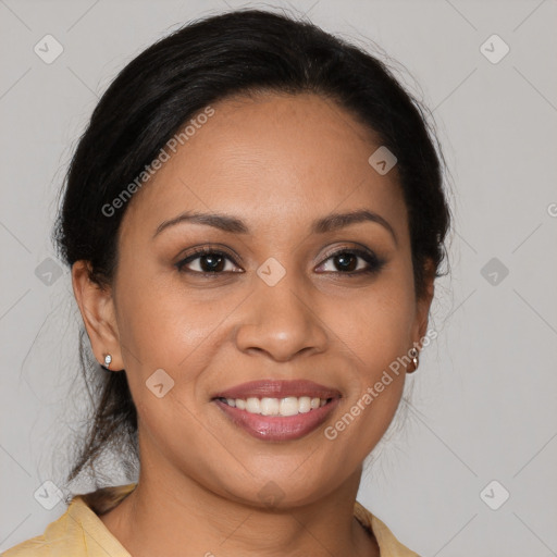 Joyful latino young-adult female with medium  brown hair and brown eyes