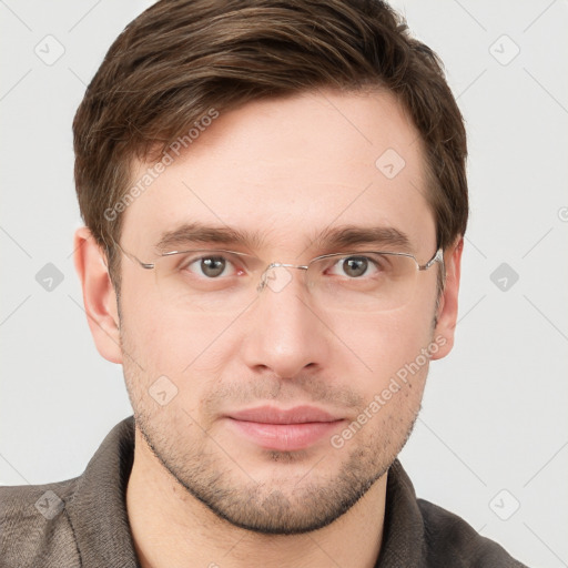 Neutral white young-adult male with short  brown hair and grey eyes