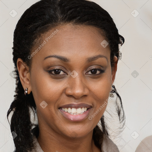 Joyful black young-adult female with medium  brown hair and brown eyes