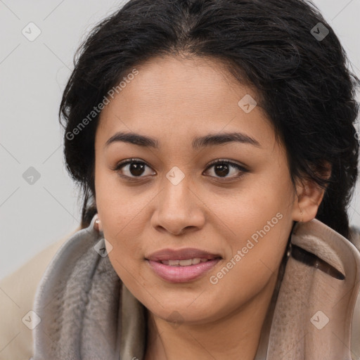 Joyful asian young-adult female with long  brown hair and brown eyes