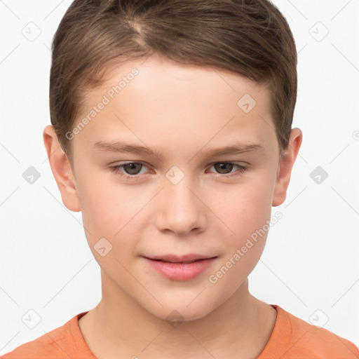 Joyful white child female with short  brown hair and brown eyes