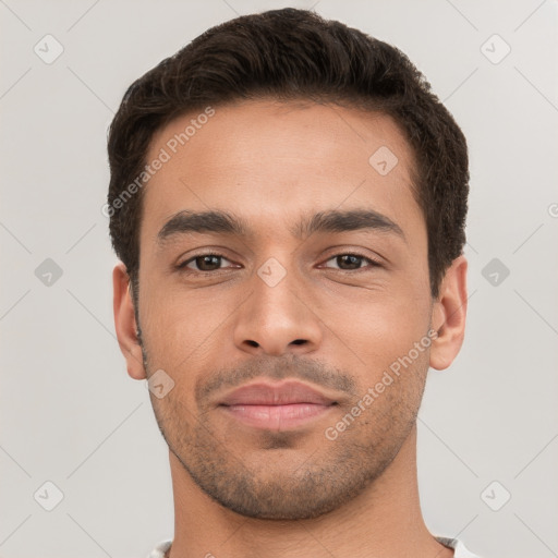 Neutral white young-adult male with short  brown hair and brown eyes