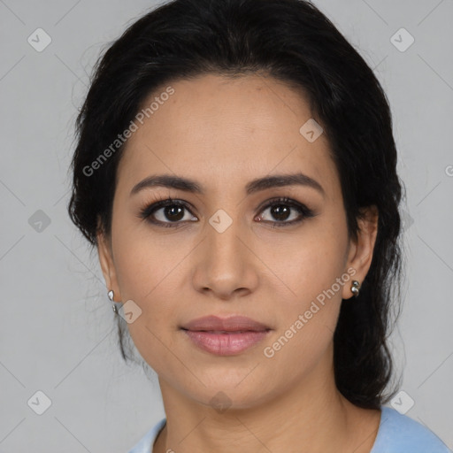 Joyful latino young-adult female with medium  black hair and brown eyes