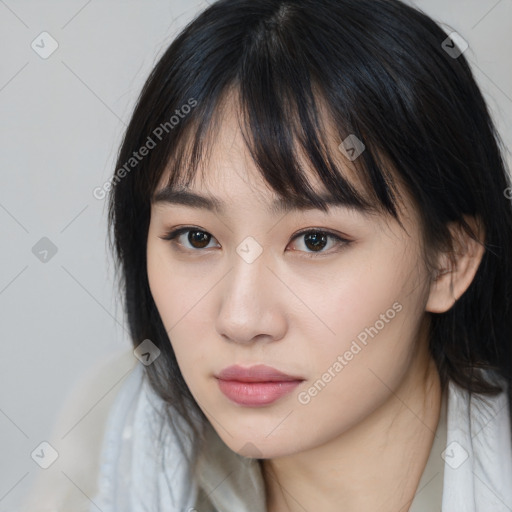 Neutral white young-adult female with medium  brown hair and brown eyes