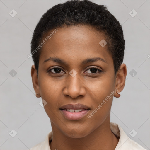 Joyful black young-adult female with short  black hair and brown eyes