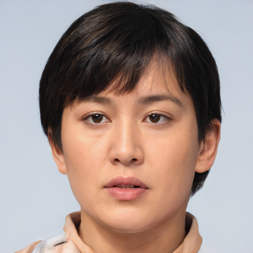 Neutral white young-adult female with short  brown hair and brown eyes