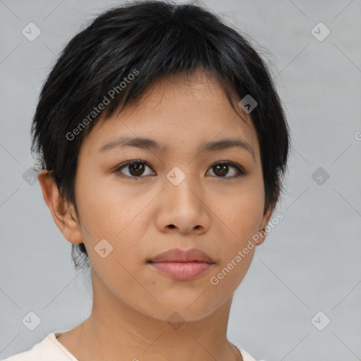 Neutral asian young-adult female with short  brown hair and brown eyes