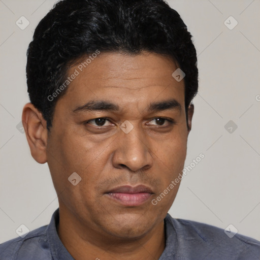 Neutral latino adult male with short  black hair and brown eyes