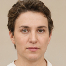 Neutral white young-adult female with short  brown hair and brown eyes