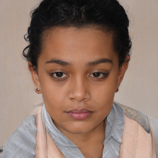 Neutral black young-adult female with short  brown hair and brown eyes
