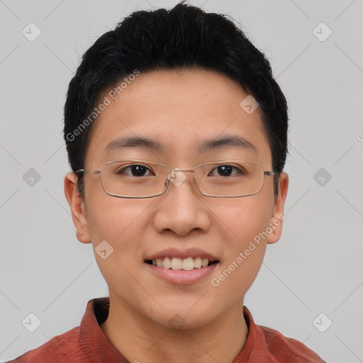 Joyful asian young-adult female with short  brown hair and brown eyes