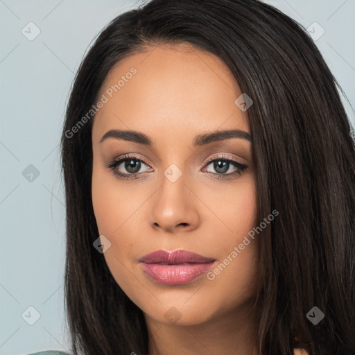 Neutral latino young-adult female with long  black hair and brown eyes