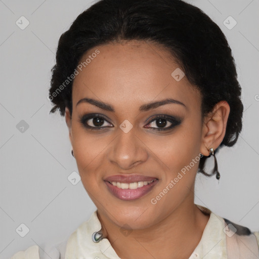 Joyful latino young-adult female with short  black hair and brown eyes