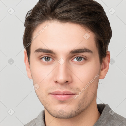 Neutral white young-adult male with short  brown hair and brown eyes