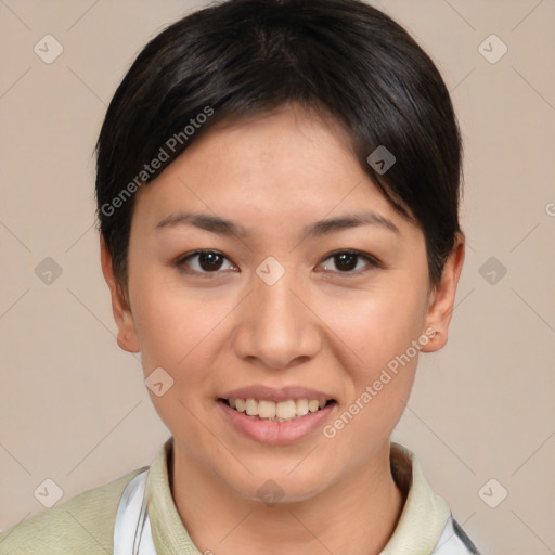 Joyful white young-adult female with short  brown hair and brown eyes