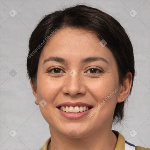 Joyful white young-adult female with medium  brown hair and brown eyes