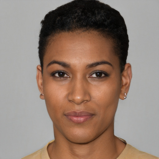 Neutral black young-adult female with short  black hair and brown eyes