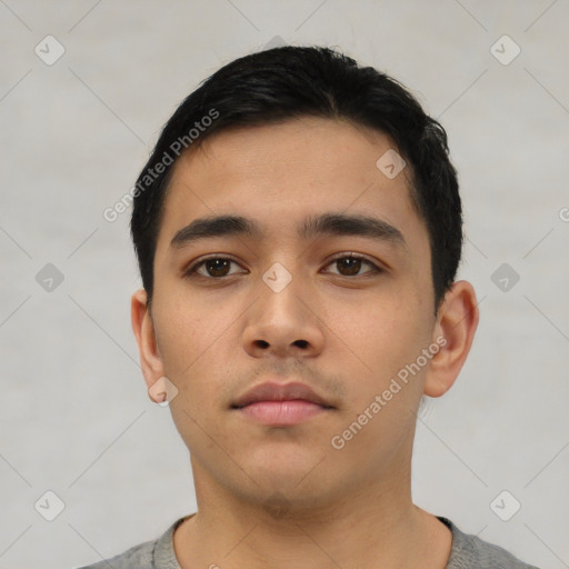 Neutral asian young-adult male with short  black hair and brown eyes