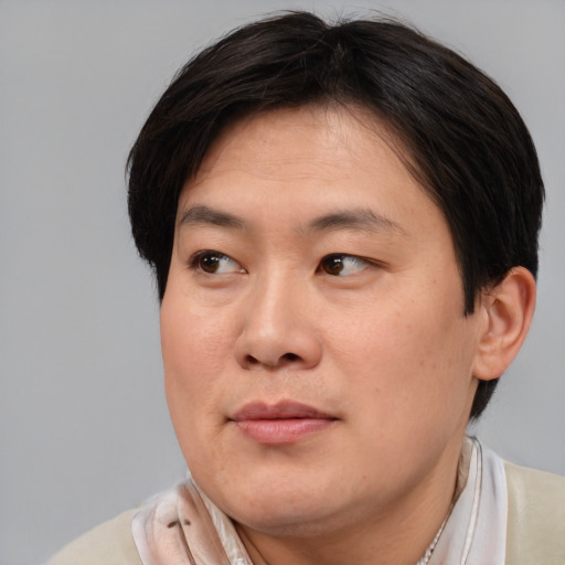 Neutral asian adult male with medium  brown hair and brown eyes