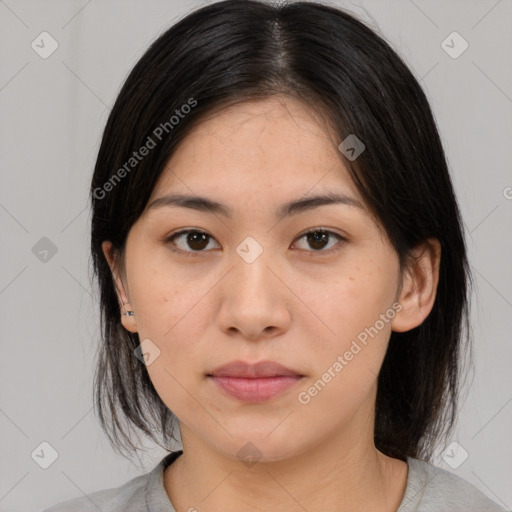 Neutral asian young-adult female with medium  brown hair and brown eyes