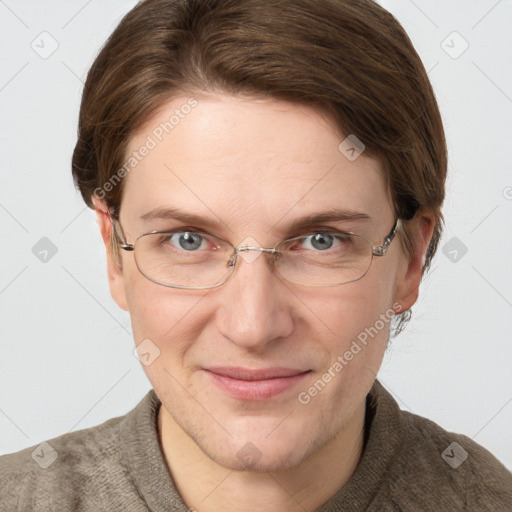 Joyful white adult male with short  brown hair and grey eyes